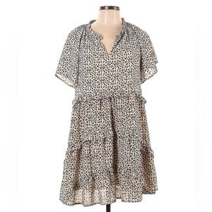 New In Womens Dress Size Medium Tan Leopard Print Tiered Short Sleeve Babydoll